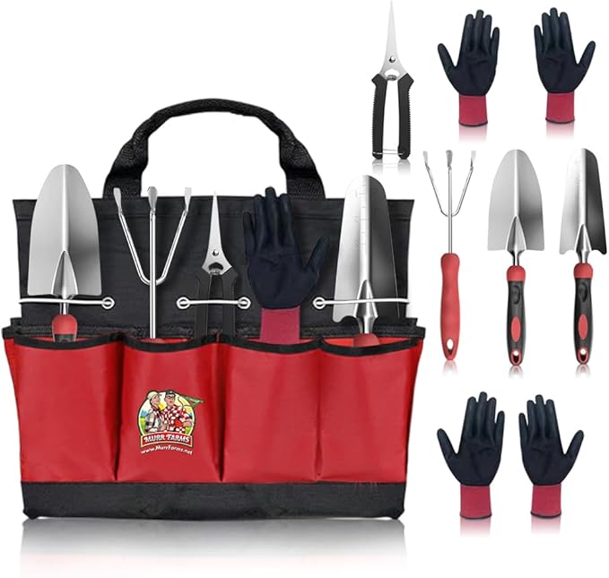 7pc Stainless Steel Heavy Duty Tool Set with Non-Slip Rubber Grip, Garden Gloves and Storage Tote Bag-BloomoryGarden