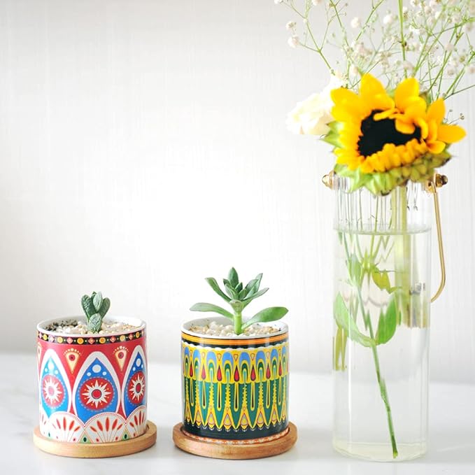 Mandala Succulent Pot with Drainage Hole & Bamboo Coaster, Small Plant Pots, Bohemian Ceramic Succulent Planter Pot for Small Plant-6 Pack-BloomoryGarden