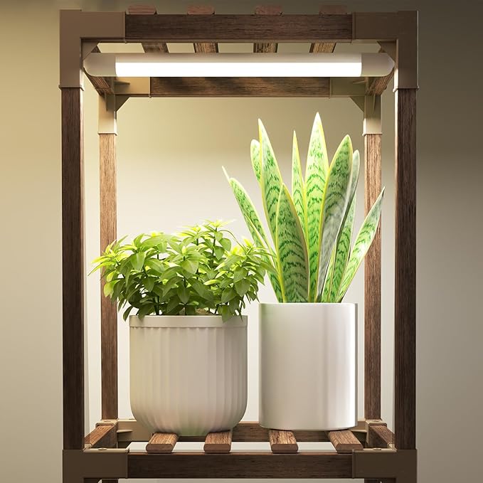HOMKIRT Plant Stand with Grow Light, Tier Plant Shelf Indoor Outdoor for Multiple Plants, Wood Tall Plant Rack Holder Flower Stand for Corner, Patio, Garden, Living Room