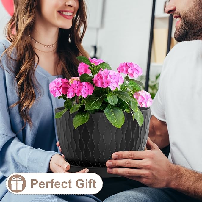 12 Inch Large Plant Pots for Indoor or Outdoor Plants, Wide Water Ripples Flower Pots with Drainage Holes & Saucer, Plastic Planters Set for Garden & Home Decor (Black)-BloomoryGarden