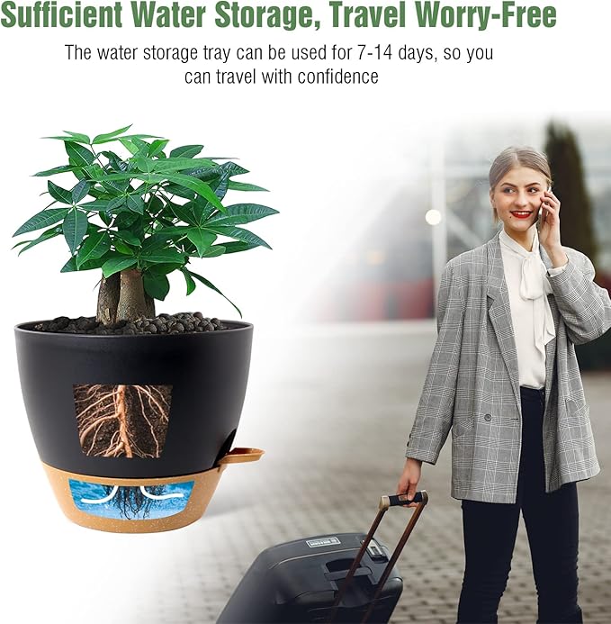 12 inch Large Self Watering Pots, Plastic Planters with 60oZ Removable Deep Reservoir and Multi Mesh Drainage Holes for Indoor Outdoor Garden Plants and Flowers, Black with Brown-BloomoryGarden