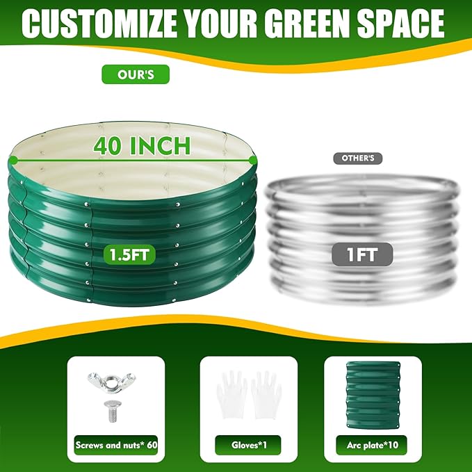 17" Tall Elevated Round Metal Rised Garden Bed- 3.3'x3.3' in Size and 0.8MM Thick Durable Planter Box for Vegetables Flowers Succulent at Patio/Garden Outdoor (Dark Green, 3.3FT Diameter)-BloomoryGarden