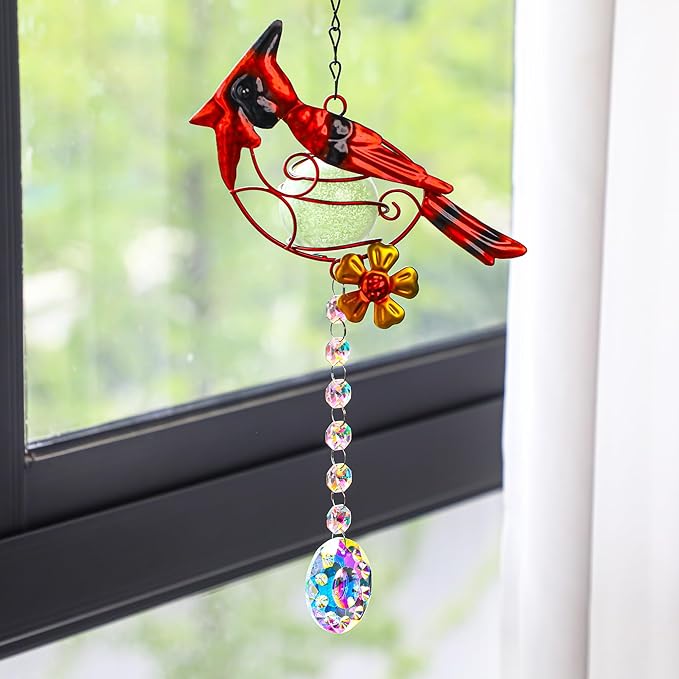 13inch Stained Metal Cardinal Birds Sun Catcher Decorative Window Hanging Ornament Crystals Prism Suncathers Red Bird for Home Garden Decor-BloomoryGarden