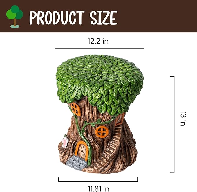 13''H Fairy House Statue Outdoor Statues Garden Resin Stool Over-Sized Sculpture Forest Pedestal Spring Decor for Home Courtyard Lawn Patio Summer Ornament Indoor Stool-BloomoryGarden