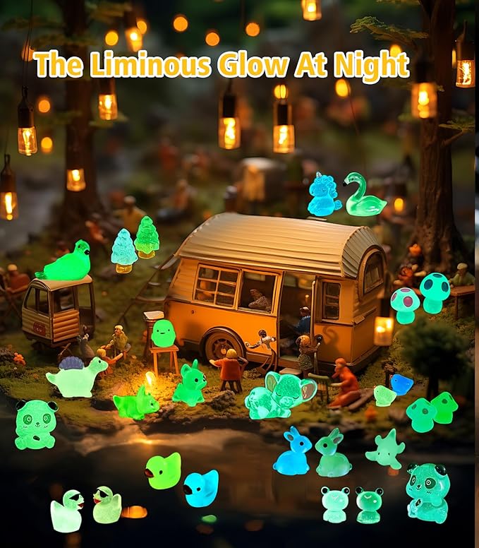 120 Pack Various Luminous Mini Resin Animals, Mini Ducks Dinosaurs Tiny Frogs Pandas Small Mushroom Miniature Figurines Glow in The Dark for DIY Garden Micro Landscape Aquarium Potted Decor-BloomoryGarden