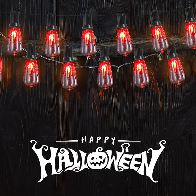 10FT Halloween String Lights Outdoor with 11 ST40 Flame Bulbs (1 Spare), Plug in Halloween Flaming Blood Drop Light Strings UL Listed for Patio, Backyard, Halloween, Party Decoration, E17 Base-BloomoryGarden