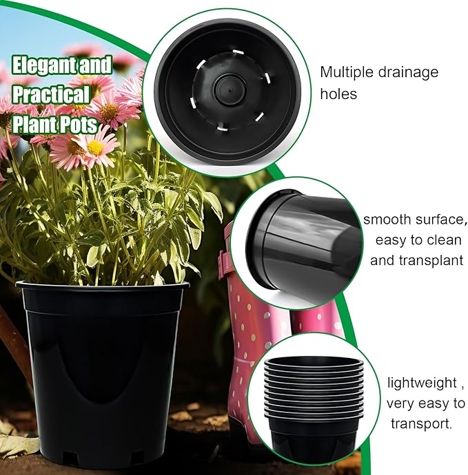1.5 Gallon Plastic Nursery Pots, 7.5 Inch Round Plant Pots with Drainage Holes, 15 Pack Flower Pots for Outdoor Indoor Plants, Flowers, Black-BloomoryGarden