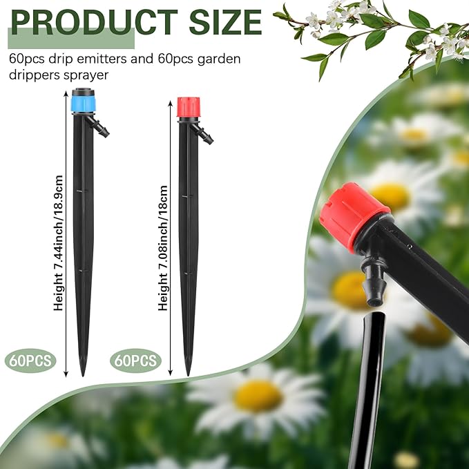 120 Pcs Drip Irrigation Emitters for 1/4'' Drip Irrigation Tubing 60 Irrigation Emitters Sprayer 60 Adjustable 360 Degree Water Flow Drippers for Patio Lawn Garden Watering-BloomoryGarden