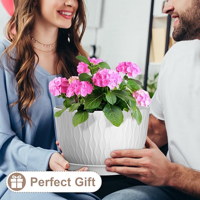 12 Inch Large Plant Pots for Indoor or Outdoor Plants, Wide Water Ripples Flower Pots with Drainage Holes & Saucer, Plastic Planters Set for Garden & Home Decor (White)-BloomoryGarden