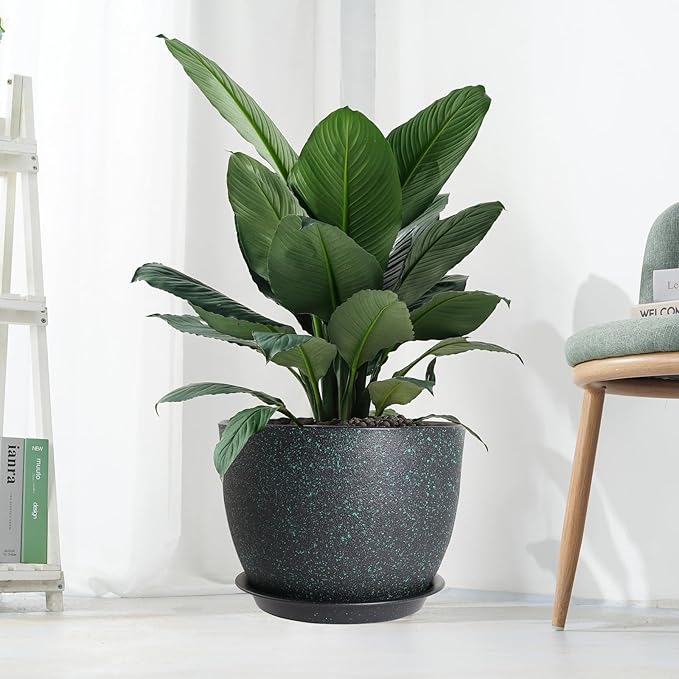 12/10/9 Large Modern Plant Pots, Plastic Planters with Drainage Holes and Saucers for Indoor Outdoor Plants Flowers, Black with Green Speckles-BloomoryGarden