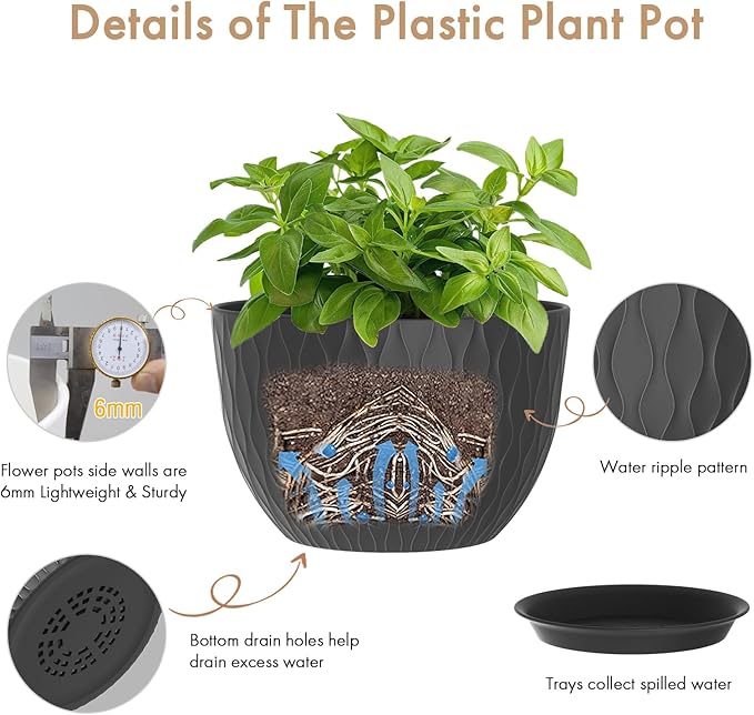 12 Inch Large Plant Pots for Indoor or Outdoor Plants, Wide Water Ripples Flower Pots with Drainage Holes & Saucer, Plastic Planters Set for Garden & Home Decor (Black)-BloomoryGarden