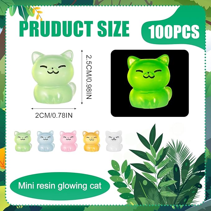 100 Pcs Luminous Mini Cat Figurines Resin Tiny Cat Animal Figurines Glow in The Dark Miniature Cat Statues Ornaments for DIY Cake Decoration Ornaments Crafts Moss Landscape Decoration-BloomoryGarden