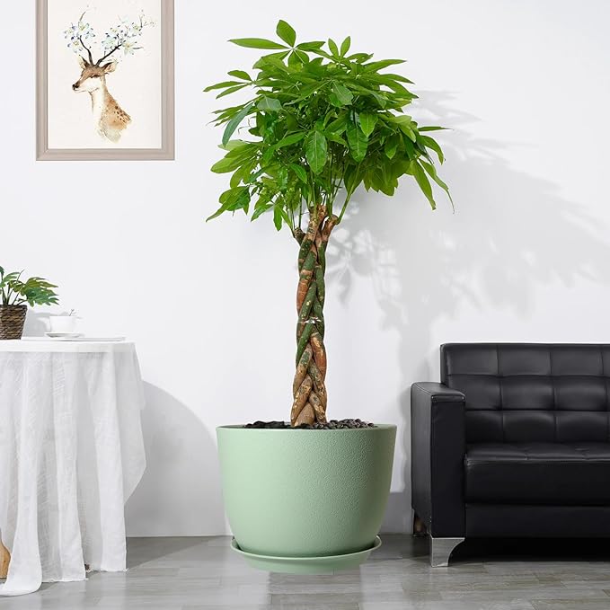 12/10/9 Large Modern Plant Pots, Plastic Planters with Drainage Holes and Saucers for Indoor Outdoor Plants Flowers, Green-BloomoryGarden