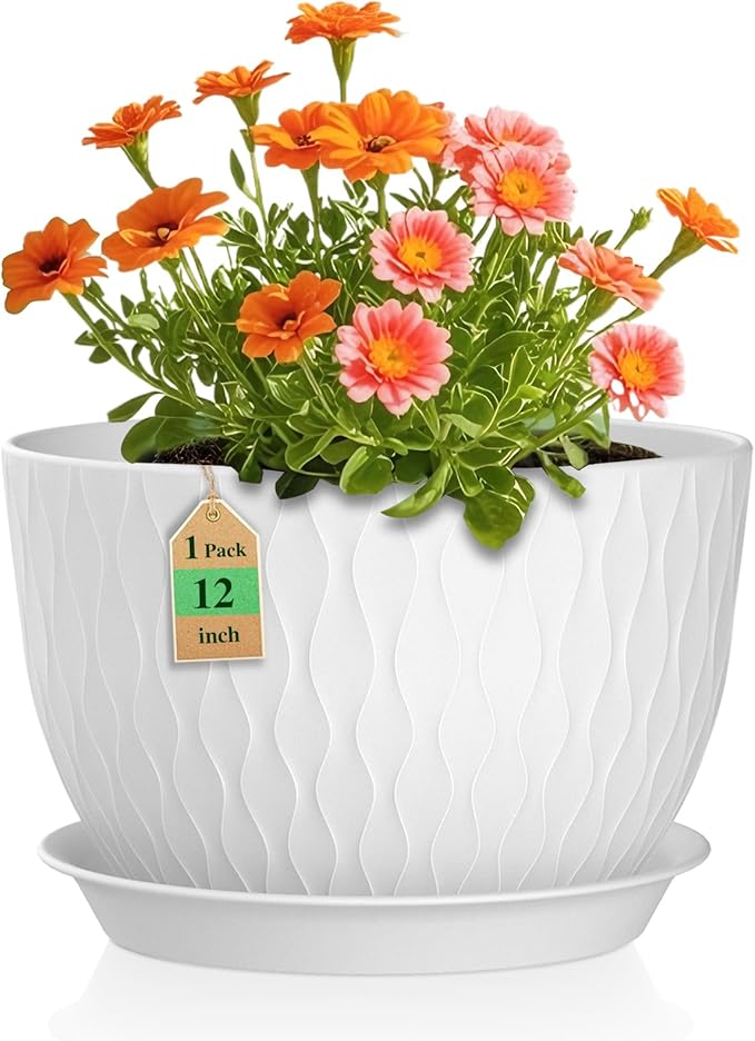 12 Inch Large Plant Pots for Indoor or Outdoor Plants, Wide Water Ripples Flower Pots with Drainage Holes & Saucer, Plastic Planters Set for Garden & Home Decor (White)-BloomoryGarden