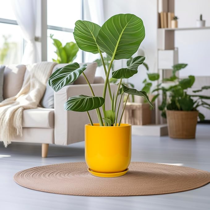 12 Inch Pots for Plants - Ceramic Planter for Outdoor Plants Large Plant Pot Indoor with Drainage Hole Modern Flower Pot for Home Patio Office Decor Yellow-BloomoryGarden