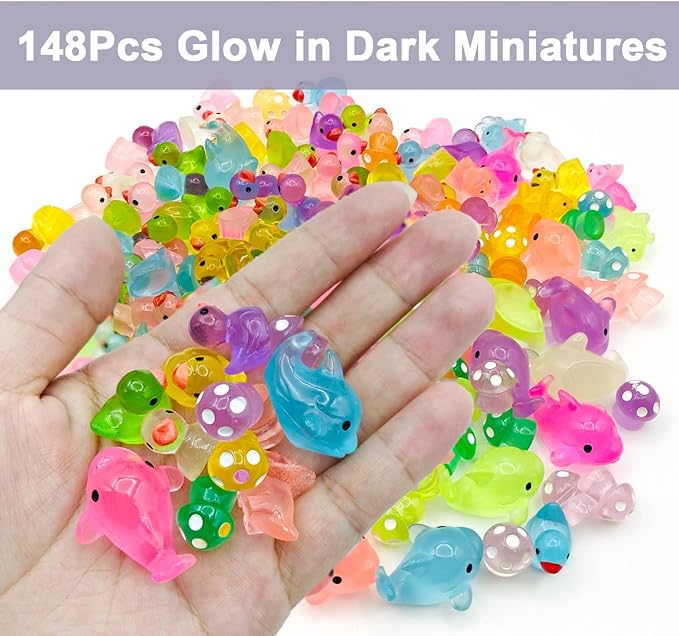 148Pcs Luminous Mini Resin Animals, Tiny Ducks Glow in The Dark Dolphins Dinosaurs Mushrooms 4 Combination Resin Set, Miniature Figures for Garden Decoration Aquarium Home Party Decor-BloomoryGarden