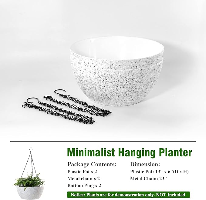 13 inch Large Hanging Planters Plant Pots for Outdoor Indoor Plants with Drainage Holes and Chain, 2 Pack Round Hanging Flower Pots for Garden Home Porch Decor, Speckled White-BloomoryGarden