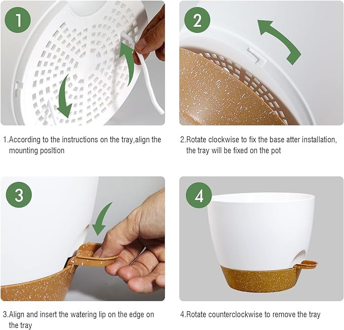 12 inch Large Self Watering Pots, Plastic Planters with 60oZ Removable Deep Reservoir and Multi Mesh Drainage Holes for Indoor Outdoor Garden Plants and Flowers, White with Brown-BloomoryGarden