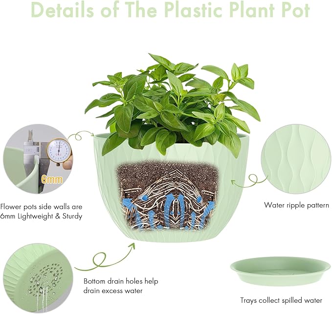 12 Inch Large Plant Pots for Indoor or Outdoor Plants, Wide Water Ripples Flower Pots with Drainage Holes & Saucer, Plastic Planters Set for Garden & Home Decor (Green)-BloomoryGarden