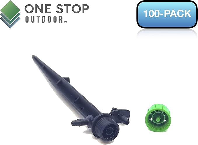 (100-PACK) - 1/4" Inch Universal 360* Degree Drip Emitter On 5" Stake - Adjustable Flow 0-18.5 GPH Fit 1/4 (4-7mm) Drip Irrigation Tubing - Professional Grade Drippers for Drip Irrigation-BloomoryGarden