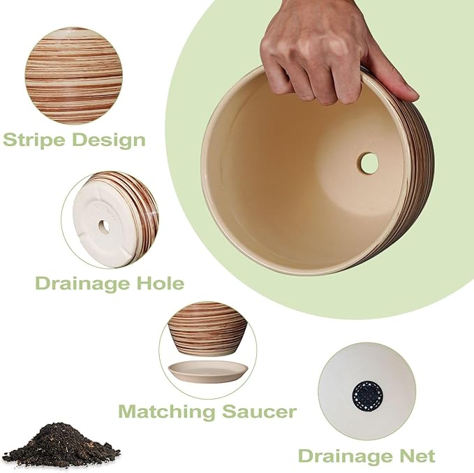 12 Inch Planter Pot Ceramic Plant Pots for Plants with Drainage Hole and Saucer Large Flower Pot for Home Patio Garden Office Yellow-BloomoryGarden