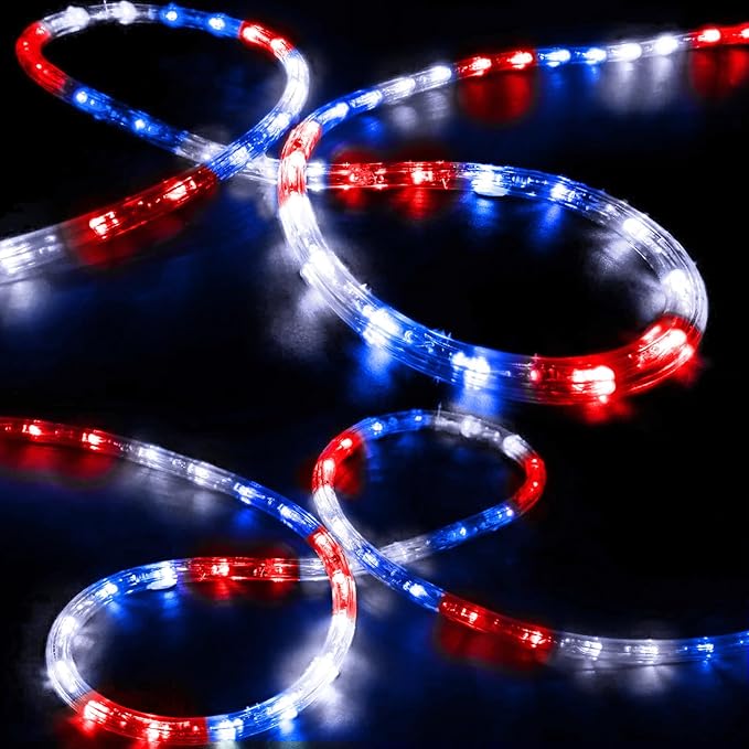 100ft LED Rope Lights Outdoor, 720 LED Connectable & Flexible Tube Lights with 8 Modes, Waterproof LED Rope Lighting for Independence Flag Day, Memorial Day, Outdoor,Indoor Decor (Red & White & Blue)-BloomoryGarden