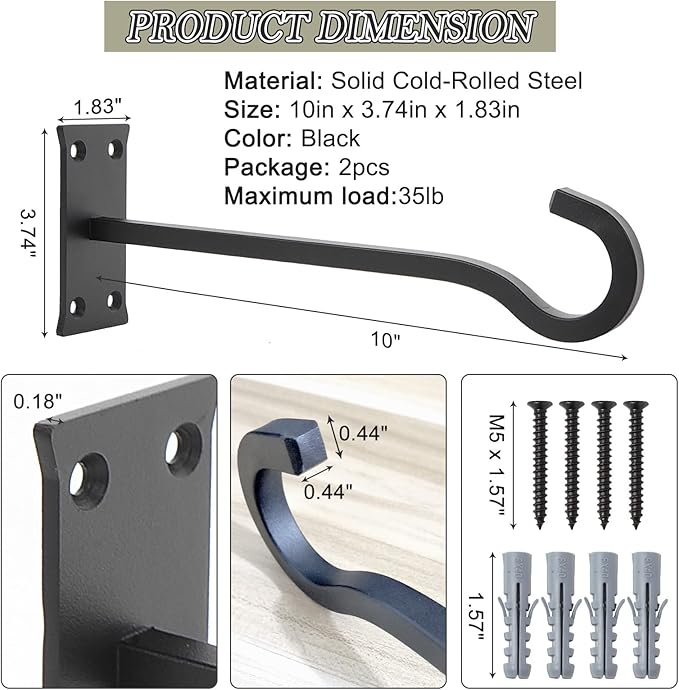 10inch Heavy Duty Plant Hangers Outdoor or Indoor Bird Feeder Hanger Shepherd Hooks 2pcs Black Metal Wall Hook for Hanging Plant Bracket, Lantern, Flower Basket, Wind Chimes-BloomoryGarden