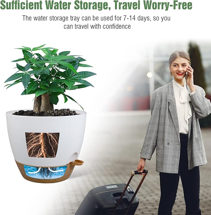 12 inch Large Self Watering Pots, Plastic Planters with 60oZ Removable Deep Reservoir and Multi Mesh Drainage Holes for Indoor Outdoor Garden Plants and Flowers, White with Brown-BloomoryGarden