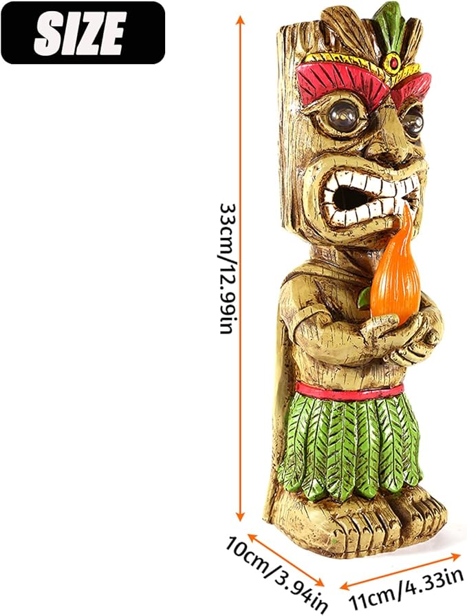 13" Tall Solar Torch Tiki Garden Statue, Resin Large Tiki Decor Figurine with Solar Lights, Hawaiian Tiki Man, Outdoor Patio Yard Lawn Bar Party Beach Pool Pond Decoration, Valentine's Day Gift-BloomoryGarden