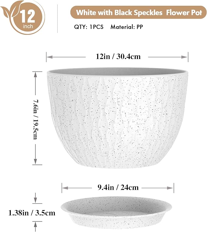 12 Inch Wide Water Ripples Flower Pots for Indoor or Outdoor Plants, Large Plant Pots with Drainage Holes & Saucer, Plastic Planters Set for Garden & Home Decor (White with Black Speckles)-BloomoryGarden