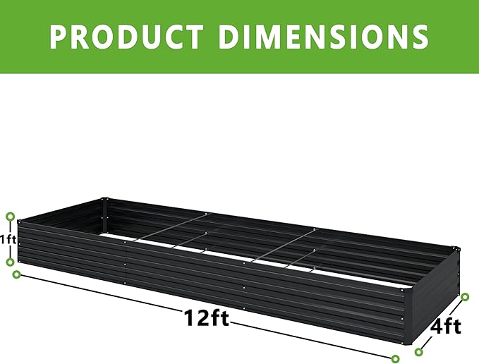 12x4x1FT Galvanized Raised Garden Bed Kit,Vegetable Boxes-Rectangle Metal Flower Box,Large Planter Raised Beds Outdoor Garden for Planting,Fruit,Herb-Black-BloomoryGarden