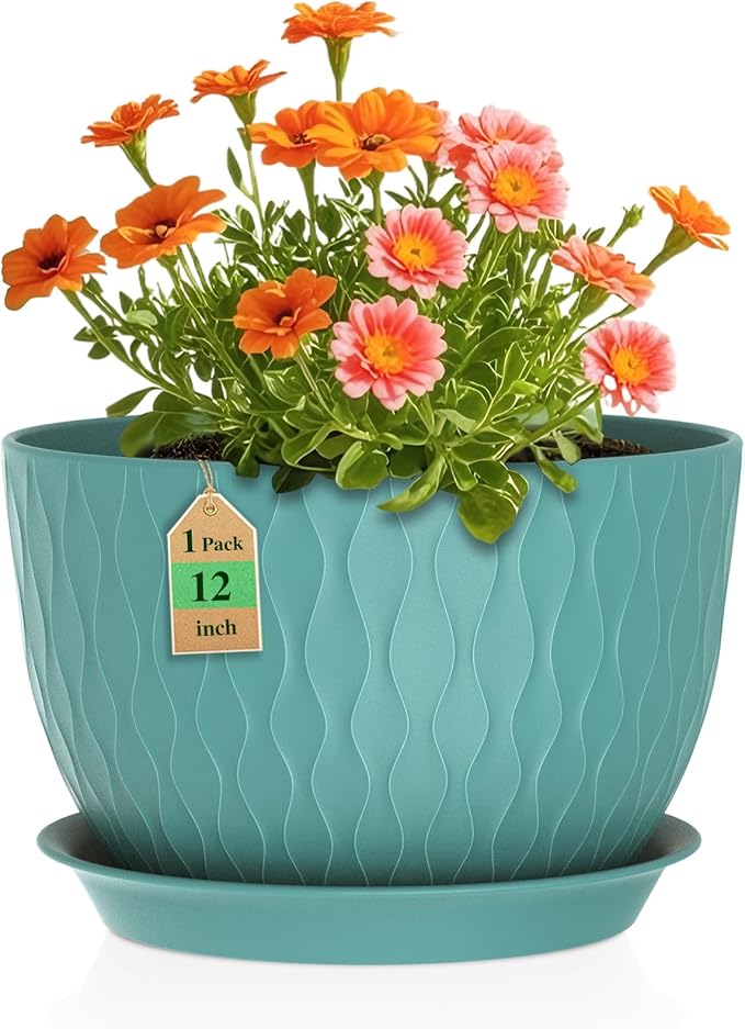 12 Inch Large Plant Pots for Indoor or Outdoor Plants, Wide Water Ripples Flower Pots with Drainage Holes & Saucer, Plastic Planters Set for Garden & Home Decor (Blue Green)-BloomoryGarden