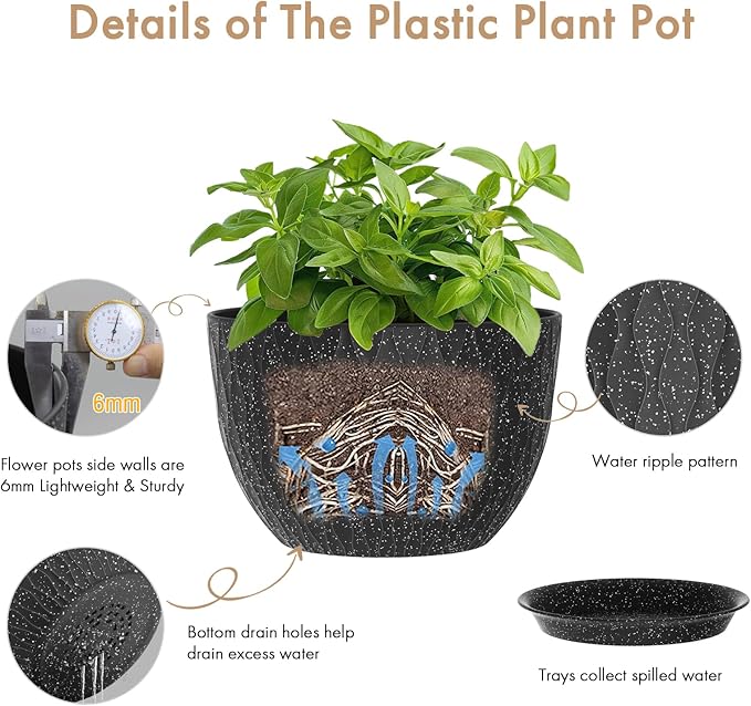 12 Inch Wide Water Ripples Flower Pots for Indoor or Outdoor Plants, Large Plant Pots with Drainage Holes & Saucer, Plastic Planters Set for Garden & Home Decor (Black with White Speckles)-BloomoryGarden
