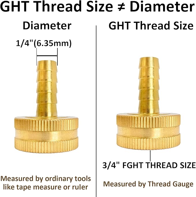1/4" Barb x 3/4" Female GHT Thread Solid Brass Water Hose End Repair Connector, Includes Stainless Steel Clamps and gaskets(Pack of 2)