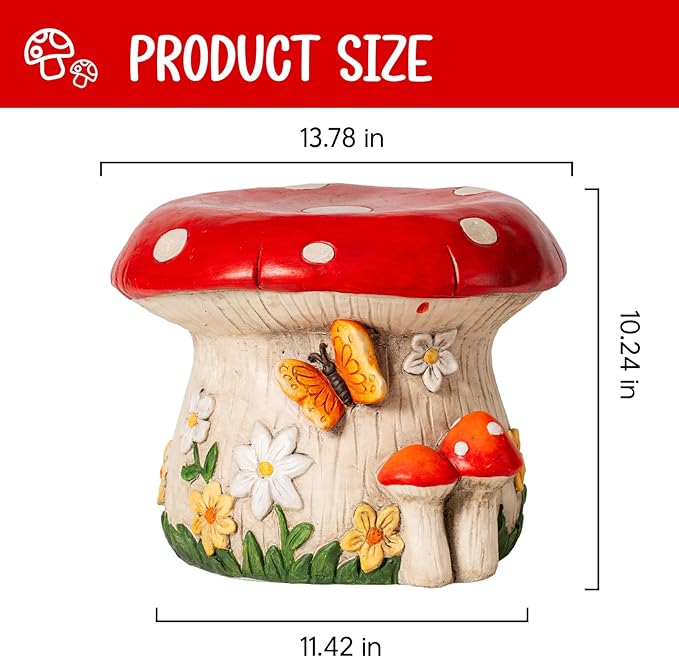 14''W Mushroom House Statue Outdoor Statues Garden Resin Stool Over-Sized Sculpture Forest Pedestal Spring Decor for Home Courtyard Lawn Patio Summer Ornament Indoor Stool-BloomoryGarden