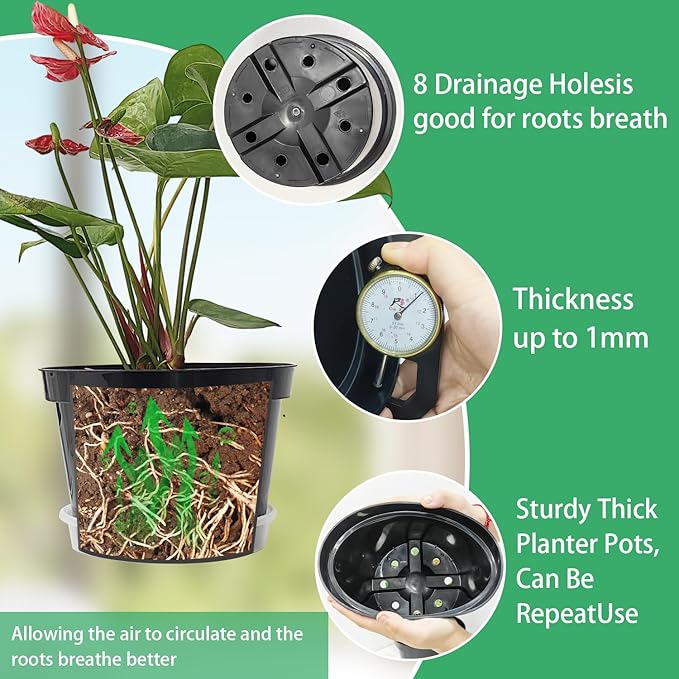 12 Pack Plant Pots, 8 Inch Plant Planter with Clear Saucer, Plastic Pots for Plants Indoor and Out Door Such as Strawberry, Herb and Flowers (Black)-BloomoryGarden