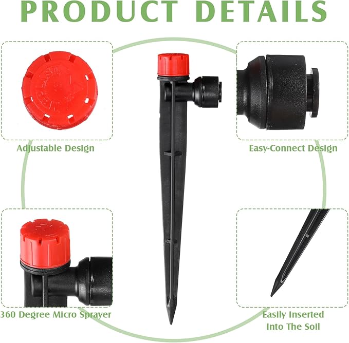 100 Pcs Drip Irrigation Emitters for 1/4'' Irrigation Tubing Adjustable Water Flow Drip Emitters with Stake Drip Irrigation System Irrigation Drippers with 360 Degree Sprayer for Garden Patio-BloomoryGarden