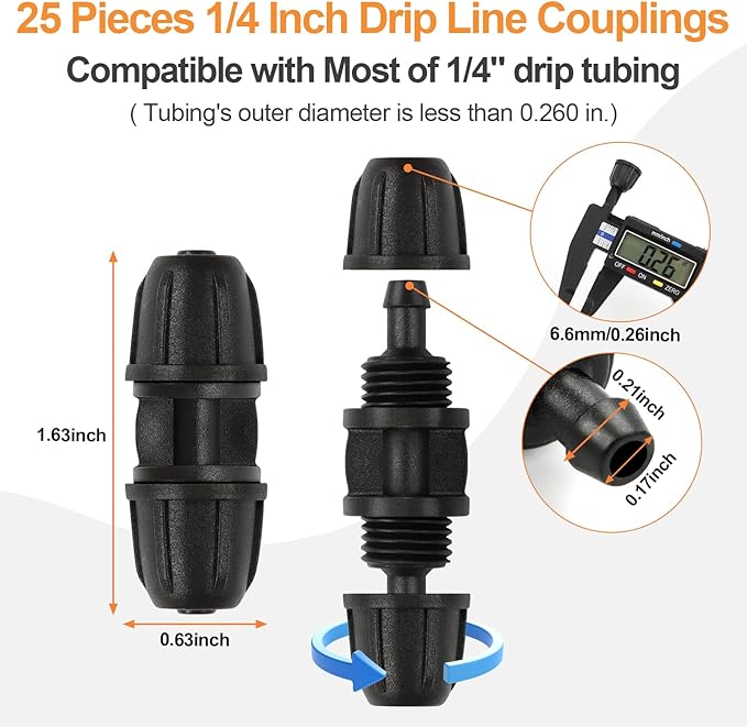 1/4 Inch Drip Irrigation Anti-leak Coupling Fittings, 25 Pieces 1/4'' Drip Line Barbed Locked Coupler Connectors for 1/4 Inch Irrigation Tubing for Garden Drip Systems-BloomoryGarden