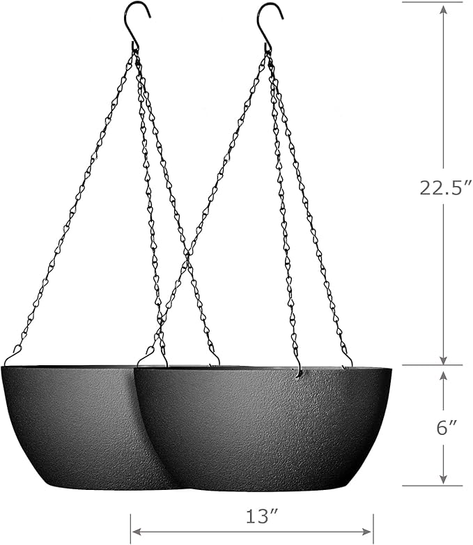 13 inch Large Hanging Planters Plant Pots for Outdoor Indoor Plants with Drainage Holes and Chain, 2 Pack Round Hanging Flower Pots for Garden Home Porch Decor, Black-BloomoryGarden