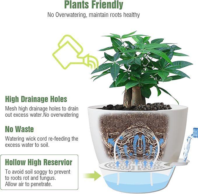 12inch Self Watering Pots, Plastic Planters with Mesh Drainage Holes and Deep Reservoir for Indoor Outdoor Garden Plants and Flowers, White-BloomoryGarden