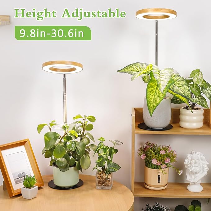 LORDEM Bamboo Grow Light for Indoor Plants, Full Spectrum Plant Light for Indoor Growing, Desk LED Grow Lamp with Auto On/Off Timer for 4H/8H/12H, 4 Dimmable Levels, Height Adjustable, 1 Pack-BloomoryGarden