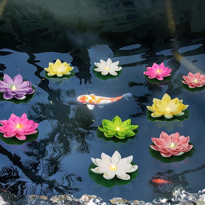 12 PCS Waterproof Floating Lotus Light - Diwali 5 Inch Floating Flower Light Battery Operated Water Activated Warm White Light Pool Flower Lamp Wedding,Anniversary,Garden Decoration(Mix-Color)-BloomoryGarden