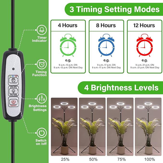 LORDEM Grow Light for Indoor Plants, Tri-Head Plant Light for Plants Growing, Full Spectrum Growth Lamp with Auto Timer for 4/8/12H, 4 Dimmable Levels, 216 LEDs, Height Adjustable Stand 24.4"- 67"-BloomoryGarden