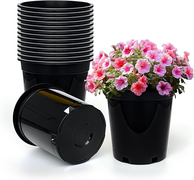 1.5 Gallon Plastic Nursery Pots, 7.5 Inch Round Plant Pots with Drainage Holes, 15 Pack Flower Pots for Outdoor Indoor Plants, Flowers, Black-BloomoryGarden