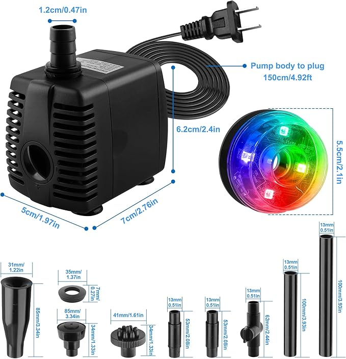 15W 800L/H Submersible Pond Fountain Pump with LED Lights, Ultra Quiet Water Pump, Pond Fountains Pump for Small Pond, Koi, Garden, Aquariums, Fish Tanks, Indoor Outdoor Fountain 3 Type Nozzles-BloomoryGarden