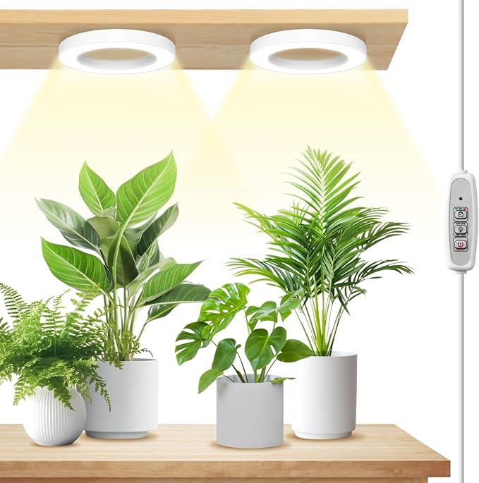 LORDEM 6.3” Ceiling Grow Light for Indoor Plants, 144 LEDs Full Spectrum Halo Grow Lamp, Under Cabinet Plant Lamp with 4/8/12H Auto Timer, 4 Dimmable Brightness Levels, Ideal for Pot Plants, Dual Head-BloomoryGarden