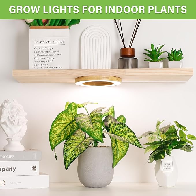 LORDEM 6.3” Bamboo Ceiling Grow Light for Indoor Plants, 72 LEDs Full Spectrum Plant Light, Corded, Halo Under Cabinet Growing Lamp with 4/8/12H Auto Timer, 4 Brightness Levels, Ideal for Pot Plants-BloomoryGarden