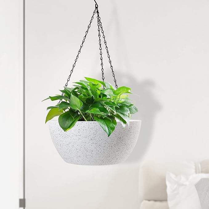 13 inch Large Hanging Planters Plant Pots for Outdoor Indoor Plants with Drainage Holes and Chain, 2 Pack Round Hanging Flower Pots for Garden Home Porch Decor, Speckled White-BloomoryGarden