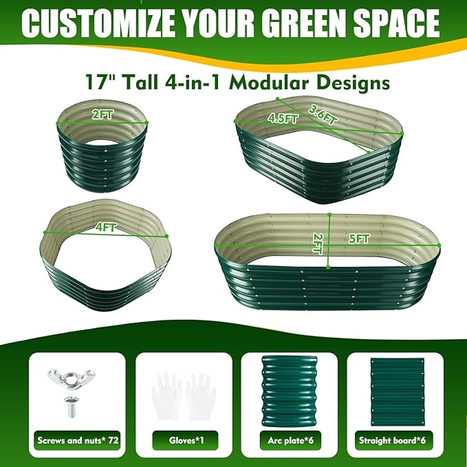 17" Tall Elevated Oval Metal Raised Garden Bed - 5ft x 2ft in Size and 0.8MM Thick Durable Planter Bed/Box for Vegetables Flowers Succulent at Patio/Garden Outdoor (Dark Green, 5X2X1.4 FT)-BloomoryGarden