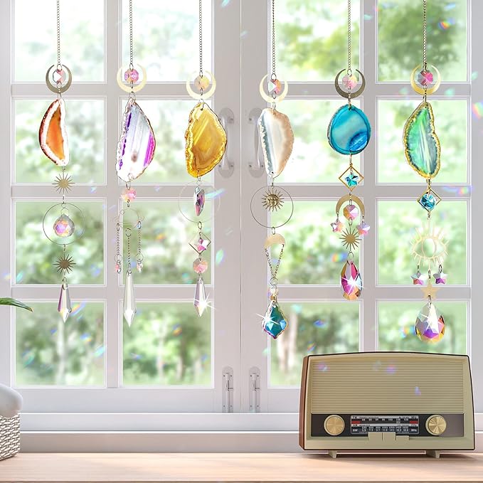 Maitys 6 Pcs 6 Pcs Crystal Suncatcher Sun Catchers Indoor Window Hanging Sun Catchers with Light Catcher with Prisms and Agate Slices for Indoor Outdoor Home Garden Wedding Decor (Colorful Crystal)-BloomoryGarden